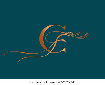 CF monogram logo.Letter c, letter f calligraphic icon.Lettering sign.Alphabet initials.Uppercase characters for boutique branding.Copper color.Elegant, luxury, decorative, ornamental flowers style.
