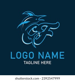 CF shark logo design vector. Cartoon shark mascot on navy background. 
Shark esport mascot logo design. Editable letter shark logo design for company