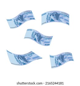 CFA Franc BCEAO Vector Illustration. West African Frank money set bundle banknotes. Falling, flying money 2000 Fr. Flat style. Isolated on white background. Simple minimal design.