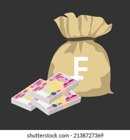 Cfa Franc Beac Vector Illustration. Central African Frank money set bundle banknotes. Money bag 2000. Flat style. Isolated on white background. Simple minimal design.