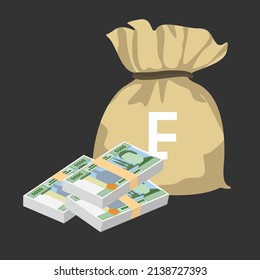 Ilustración del vector de playa Cfa Franc. Dinero del franco centroafricano conjunto de billetes. Bolsa de dinero 5000. Estilo plano. Aislado sobre fondo blanco. Diseño sencillo y mínimo.
