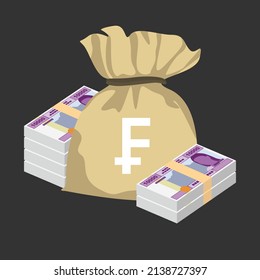 Cfa Franc Beac Vector Illustration. Central African Frank money set bundle banknotes. Money bag 10000. Flat style. Isolated on white background. Simple minimal design.