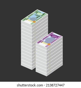 Ilustración del vector de playa Cfa Franc. Dinero del franco centroafricano conjunto de billetes. Dinero en papel 10000, 5000, 2000. Estilo plano. Aislado sobre fondo blanco. Diseño sencillo y mínimo.