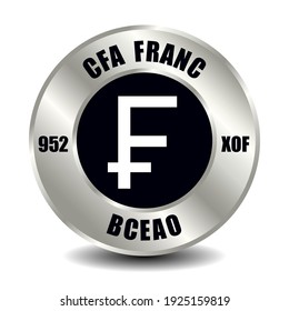 CFA Geldsymbol einzeln auf rund silberner Münze. Vektorzeichen des Währungszeichens mit internationalem ISO-Code und Abkürzung