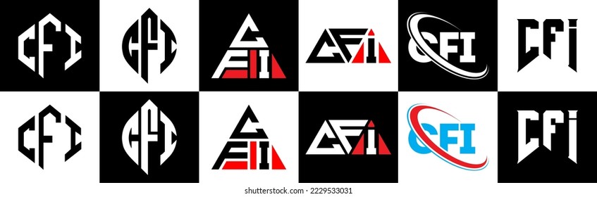 CFI letter logo design in six style. CFI polygon, circle, triangle, hexagon, flat and simple style with black and white color variation letter logo set in one artboard. CFI minimalist and classic logo