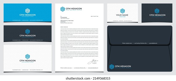 CFM hexagonal logo with stationery, business card and social media banner