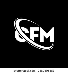 Logotipo CFM. Carta CFM. Design do logotipo da letra CFM. Logótipo inicial CF M ligado ao círculo e ao monograma em maiúsculas. Tipografia CFM para marca de tecnologia, negócios e imóveis.