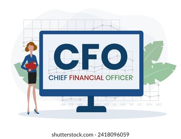 CFO - Akronym des Chief Financial Officer. Hintergrund des Unternehmenskonzepts. Vektorgrafik-Konzept mit Schlagwörtern und Symbolen. Buchstabengrafik mit Symbolen für Webbanner, Flyer, Landing Page