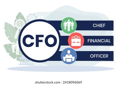 CFO - Akronym des Chief Financial Officer. Hintergrund des Unternehmenskonzepts. Vektorgrafik-Konzept mit Schlagwörtern und Symbolen. Buchstabengrafik mit Symbolen für Webbanner, Flyer, Landing Page