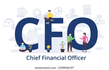 CFO - Chief Financial Officer concept with big word text acronym and team people in modern flat style vector illustration