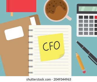CFO (Chief Financial Officer) written sticky note on office desk- vector illustration