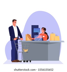 cfood. Smiling sales woman at the counter. Isolated flat illustration