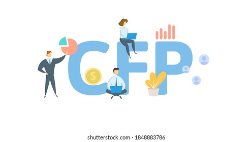 CFP, Planificador Financiero Certificado. Concepto con palabras clave, personas e iconos. Ilustración vectorial plana. Aislado sobre fondo blanco.