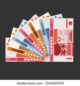 CFP Franc Vector Illustration. French overseas collectivities money set bundle banknotes. Paper money 1000, 5000, 10000 XPF. Flat style. Isolated on white background. Simple minimal design.