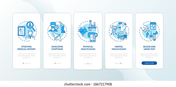 CFS diagnostics onboarding mobile app page screen with concepts. Patient medical history, examination walkthrough 5 steps graphic instructions. UI vector template with RGB color illustrations