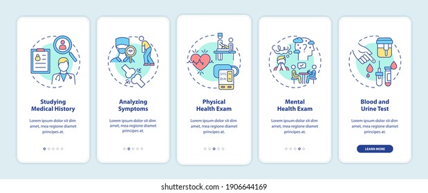 CFS diagnostics onboarding mobile app page screen with concepts. Analyzing medical history and symptoms walkthrough 5 steps graphic instructions. UI vector template with RGB color illustrations