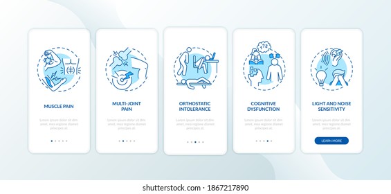 CFS symptoms onboarding mobile app page screen with concepts. Muscle, multi-joint pain, dysfunction walkthrough 5 steps graphic instructions. UI vector template with RGB color illustrations