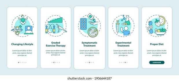 CFS treatment onboarding mobile app page screen with concepts. Changing lifestyle, symptomatic treatment walkthrough 5 steps graphic instructions. UI vector template with RGB color illustrations