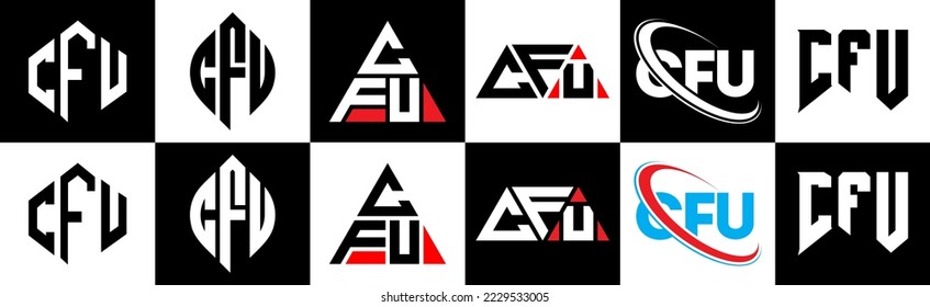 CFU letter logo design in six style. CFU polygon, circle, triangle, hexagon, flat and simple style with black and white color variation letter logo set in one artboard. CFU minimalist and classic logo