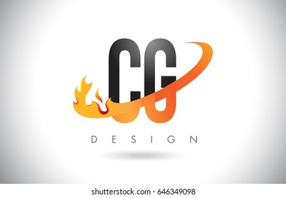 CG C G Letter Logo Design with Fire Flames and Orange Swoosh Vector Illustration.