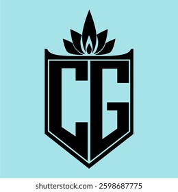 CG Logo featuring a minimalist design with a crown-like flower symbol on top, bold black elements, and a soft blue background, perfect for branding and modern visual identity.