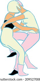 CGI portrait of two hugging beautiful slender young strong and independent girls painted in vector