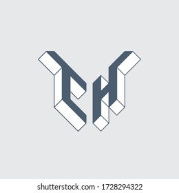 CH - Code à 2 lettres ou logo. C et H - Monogramme ou logotype. Police 3d isométrique pour la conception. Lettres à trois dimensions.