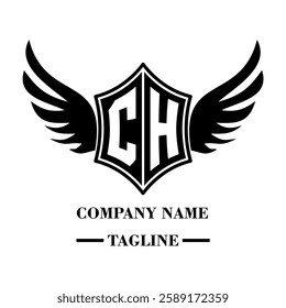 CH A bold winged shield emblem with customizable initials A-Z. Sleek black-and-white vector, perfect for branding, sports teams, motorcycle clubs, gaming,apparel and High-quality
