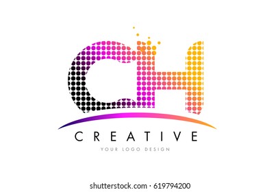CH C H Dots Letter Logo Design with Magenta Bubble Circles and Swoosh