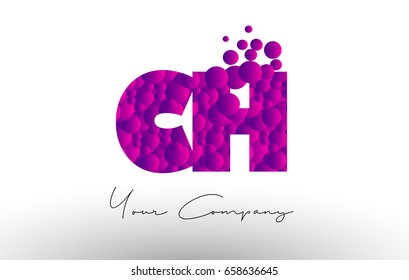 CH C H Dots Letter Logo with Purple Pink Magenta Bubbles Texture Vector.