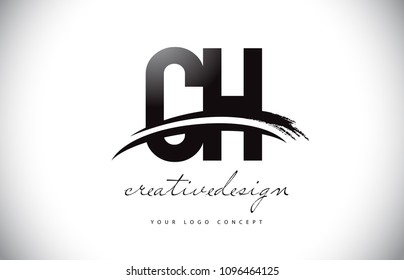 CH C H Letter Logo Design with Swoosh and Black Brush Stroke. Modern Creative Brush Stroke Letters Vector Logo