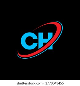 CH C H letter logo design. Initial letter CH linked circle uppercase monogram logo red and blue. CH logo, C H design. ch, c h