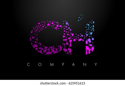 CH C H Letter Logo with Purple Blue Particles and Bubble Dots Design Vector.