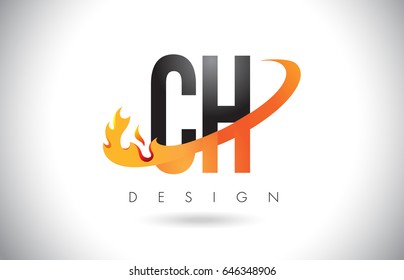 CH C H Letter Logo Design with Fire Flames and Orange Swoosh Vector Illustration.