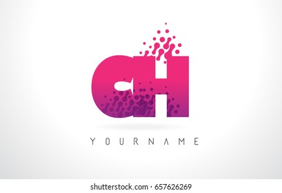 CH C H Letter Logo with Pink Letters and Purple Color Particles Dots Design.