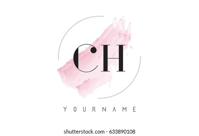 CH C H Watercolor Letter Logo Design with Circular Shape and Pastel Pink Brush.