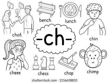 Ch digraph spelling rule black and white educational poster set for kids with words. Learning -ch- phonics sound  for school and preschool. Phonetic worksheet. Vector illustration
