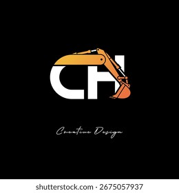 CH Logotipo de construcción del brazo de excavadora - diseño de marca de letra de Industrial en negrita para equipos pesados, marca de contratista e identidad de ingeniería moderna