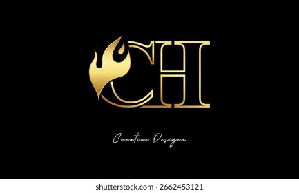 CH Golden Flame Logo Design Luxury Minimalist Symbol for Premium Branding and Creative Identity