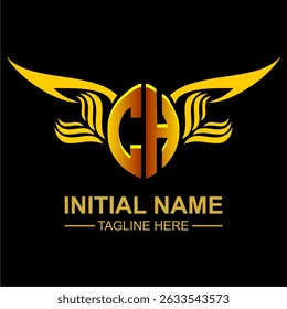 CH Golden Wing Emblem Logo with elegant gold wings, sleek and modern design. Ideal for branding, creative projects, luxury businesses, or artistic ventures.