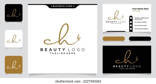 CH initial handwriting logo vector with business card design