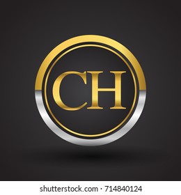 CH Letter logo in a circle, gold and silver colored. Vector design template elements for your business or company identity.