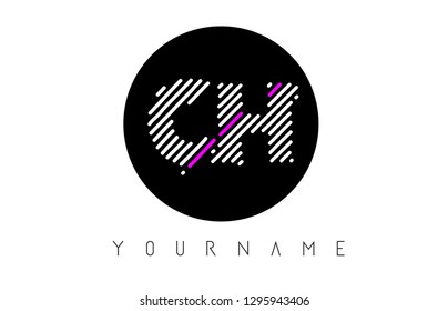 CH Letter Logo Design with White Lines and Black Circle Vector Illustration