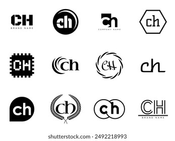 CH logo company template. Letter c and h logotype. Set different classic serif lettering and modern bold text with design elements. Initial font typography. Collection trendy business identity.