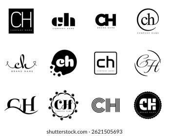 CH logo company template. Letter c and h logotype. Set different classic serif lettering and modern bold text with design elements. Initial font typography. Collection trendy business identity.