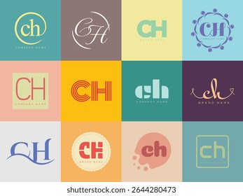 CH logo company template. Letter c and h logotype. Set different classic serif lettering and modern bold text with design elements. Initial font typography. Collection trendy business identity.
