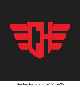 CH Logo monogram with emblem and wings element design template on red colors