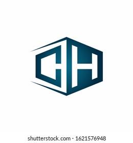 CH monogram logo with hexagon shape and negative space style ribbon design template
