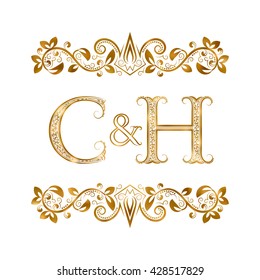 C&H vintage initials logo symbol. Letters C, H, ampersand surrounded floral ornament. Wedding or business partners initials monogram in royal style.