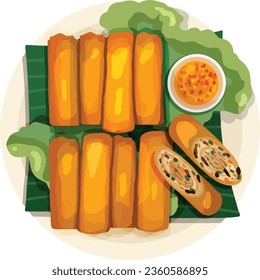 Rollo de Huevo vietnamita Cha Gio. Vector de ilustración de comida vietnamita de primera vista. 